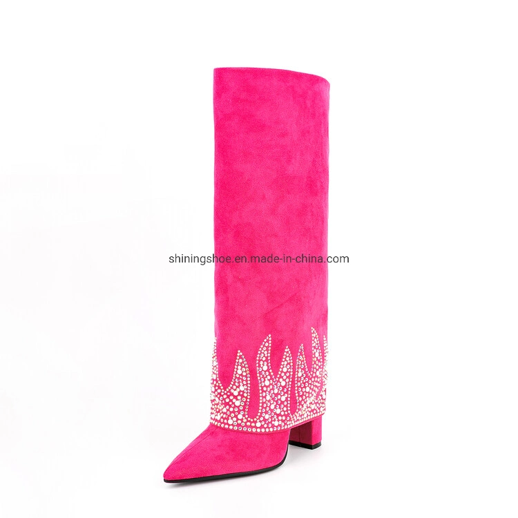 New Arrival 2023 Hot Pink Suede Fabric Long Boots for Women with Heels Fashion Wide Calf Fold Over Knee High Shark Lock Boots Women