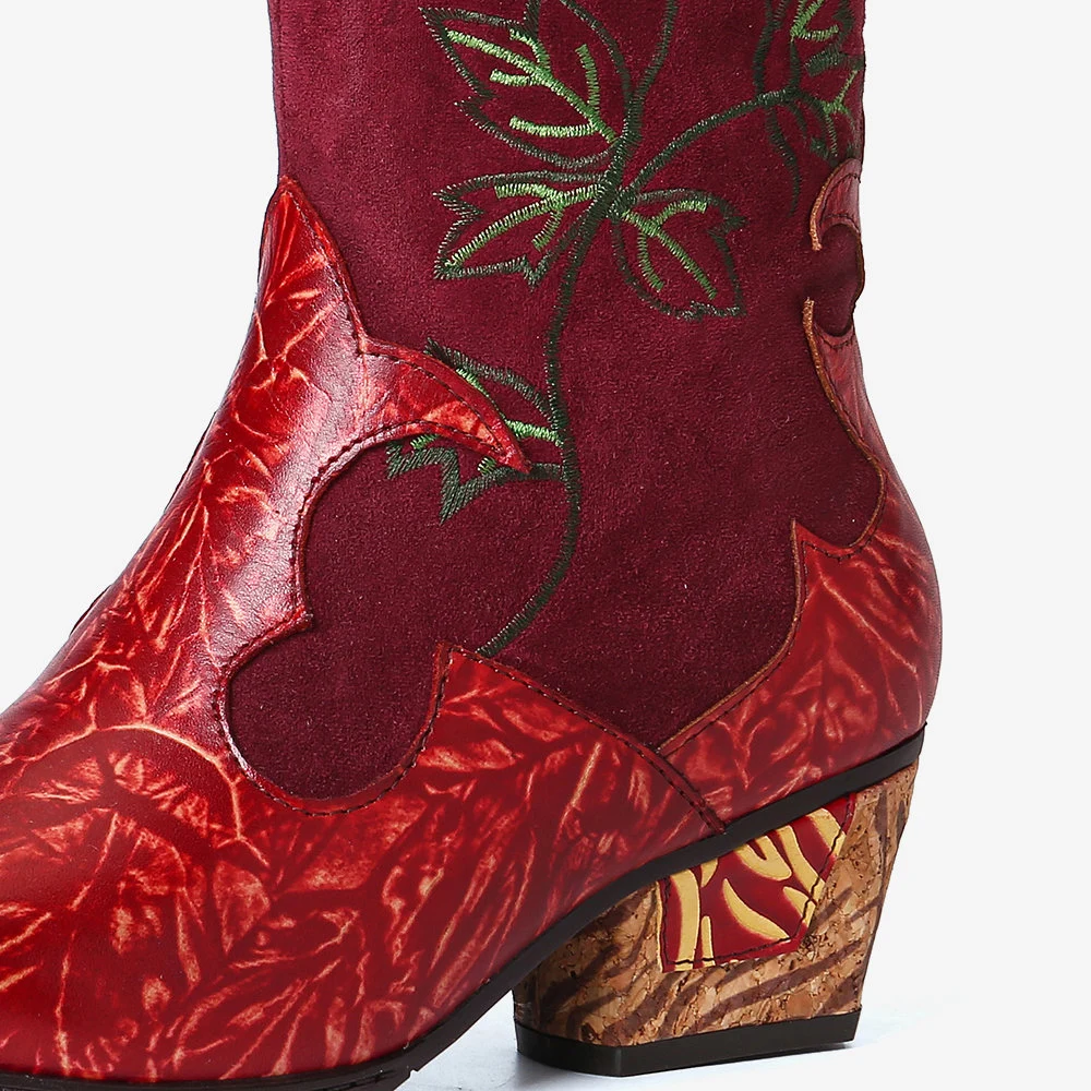 Classic Embroidered Rose Long Boots Low Heels Wholesale Boots