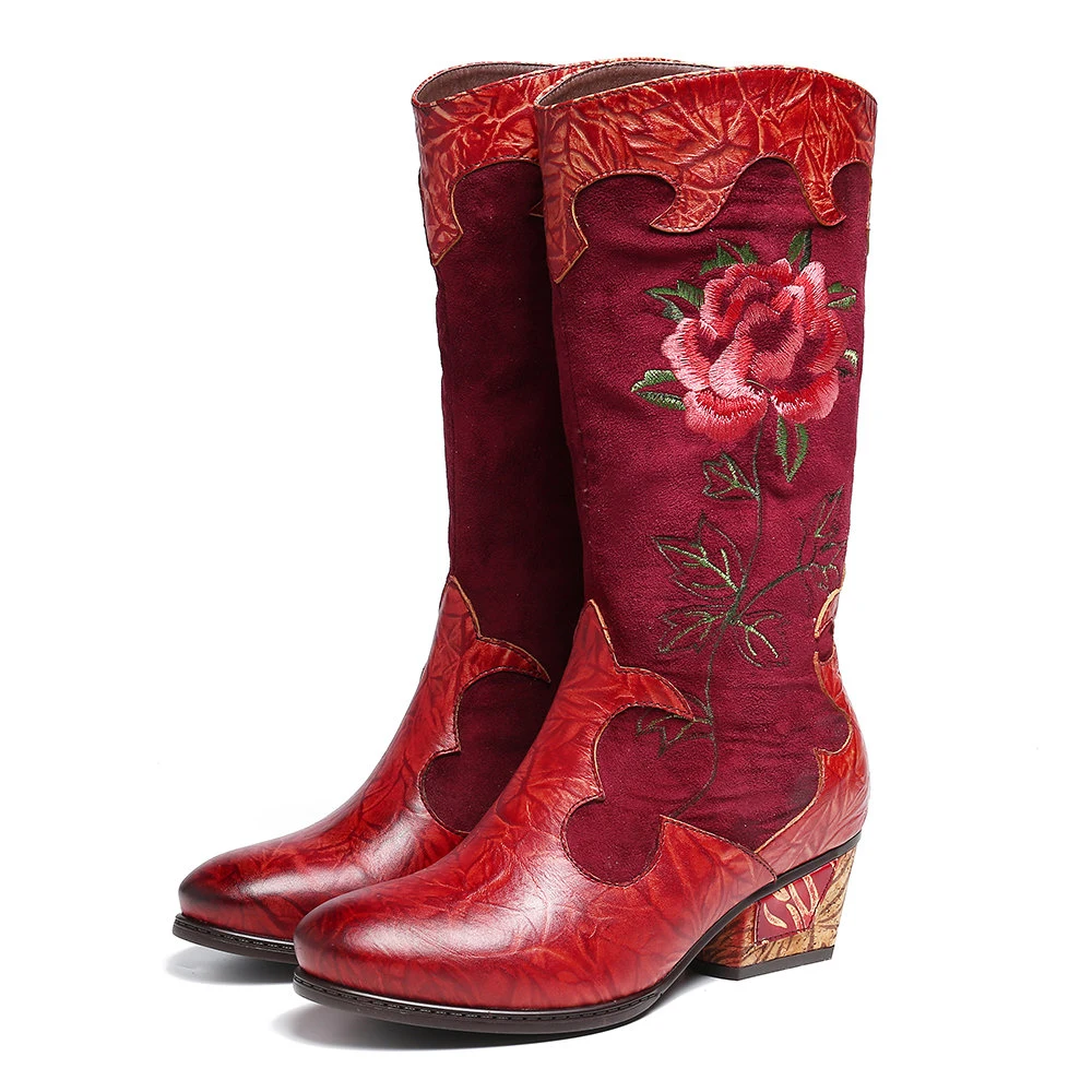 Classic Embroidered Rose Long Boots Low Heels Wholesale Boots