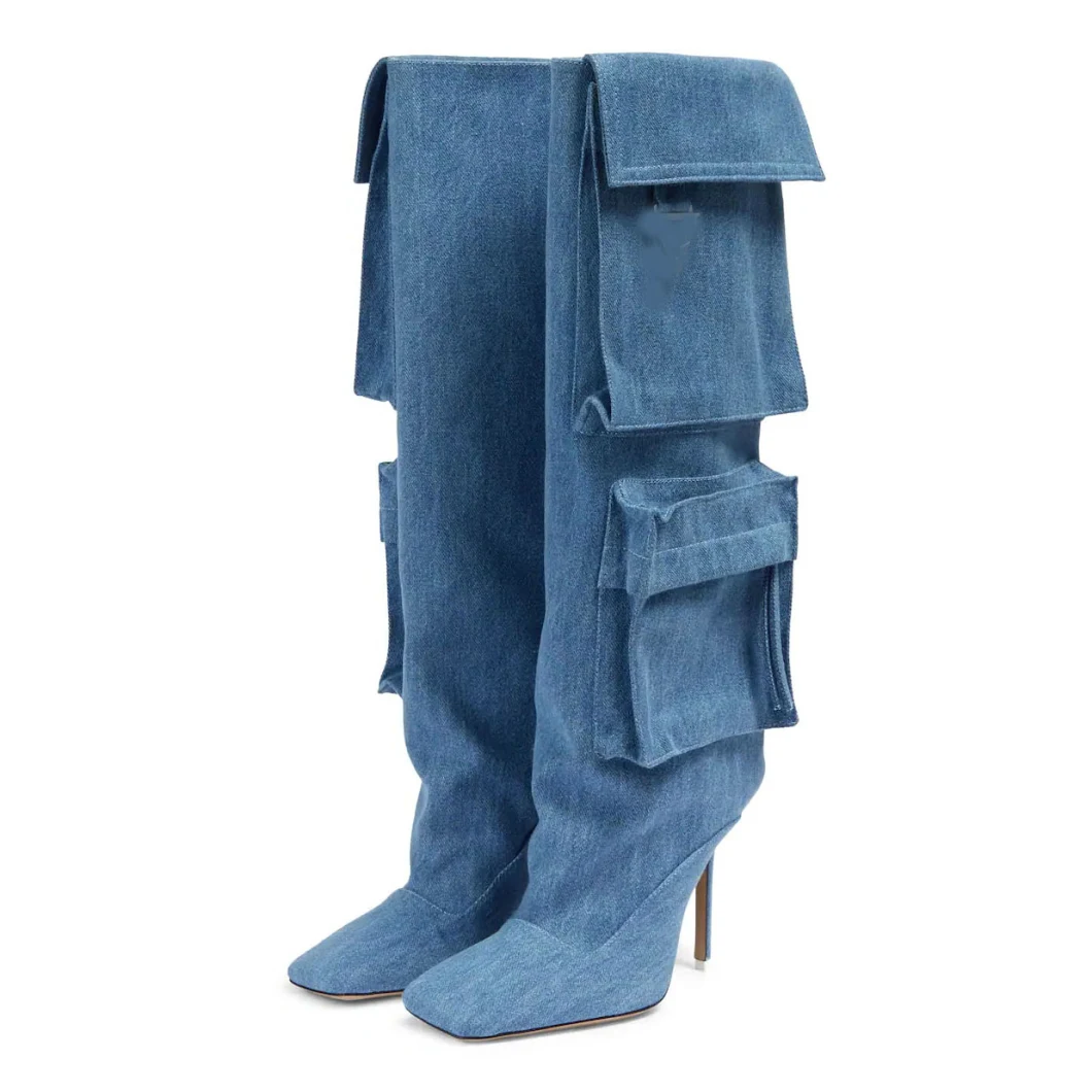 Luxury Shoes Pocket Design Knee High Women Denim Boots