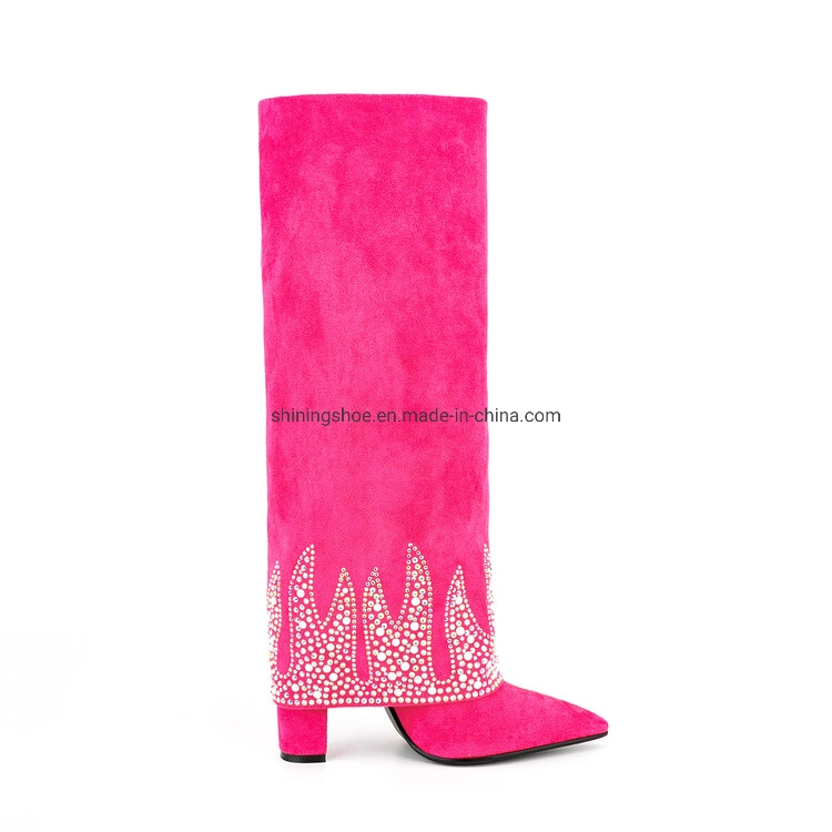 New Arrival 2023 Hot Pink Suede Fabric Long Boots for Women with Heels Fashion Wide Calf Fold Over Knee High Shark Lock Boots Women