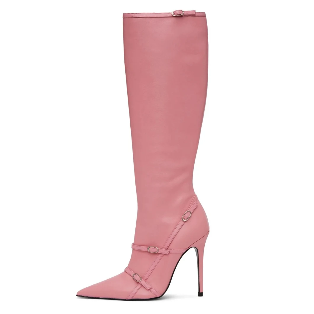 Winter Boots Sexy Party Shoes Pink Leather Buckle Short Boots Fashion Ankle Boots